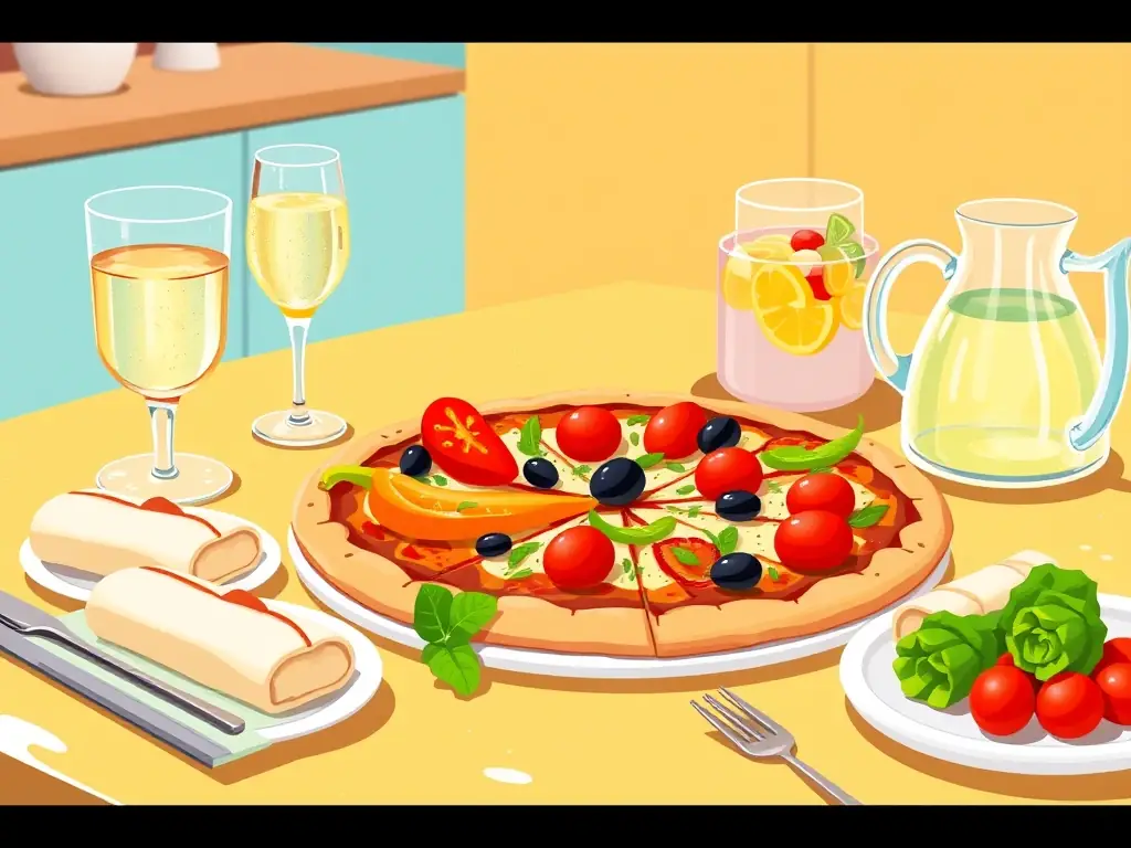 An image of a vegan family meal option, featuring a vegan veggie pizza, vegan spring rolls, and a selection of sparkling water and lemonade.