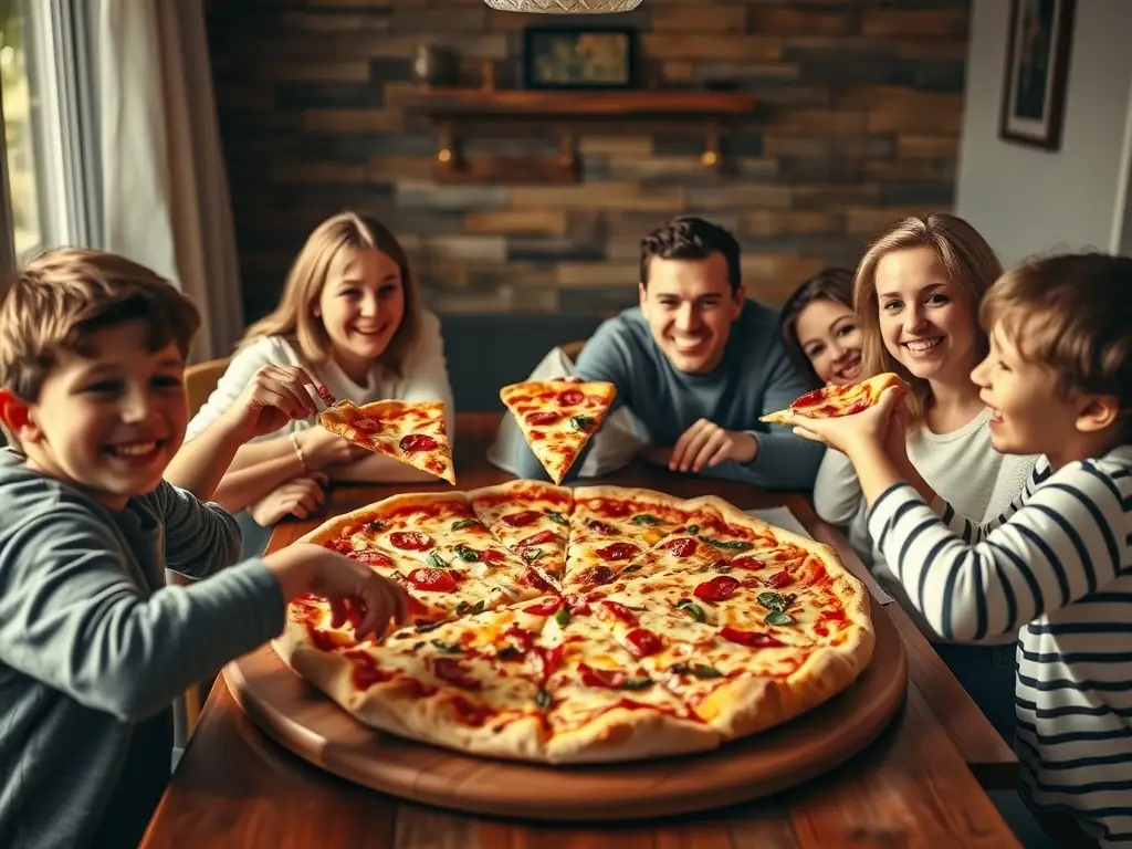 An image showcasing a family enjoying a pizza meal together at home, with a focus on the pizza, drinks, and sides spread out on the table.