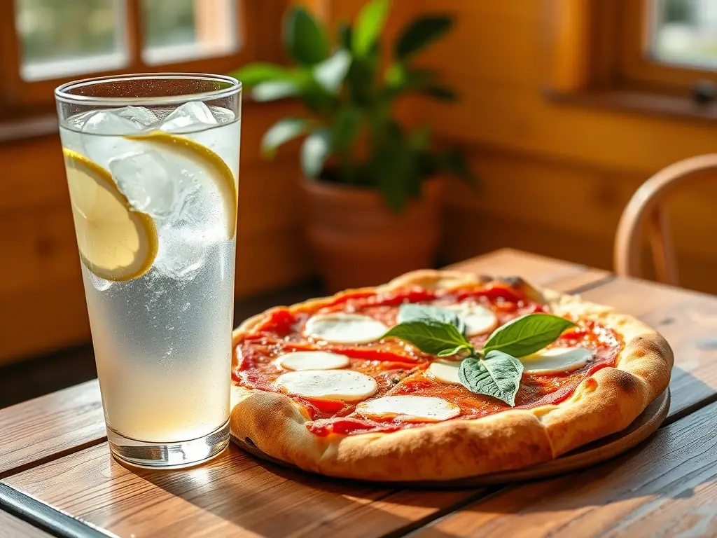An image of a family-sized Margherita pizza with a side of garlic bread and a pitcher of lemonade, highlighting the simplicity and deliciousness of the meal.